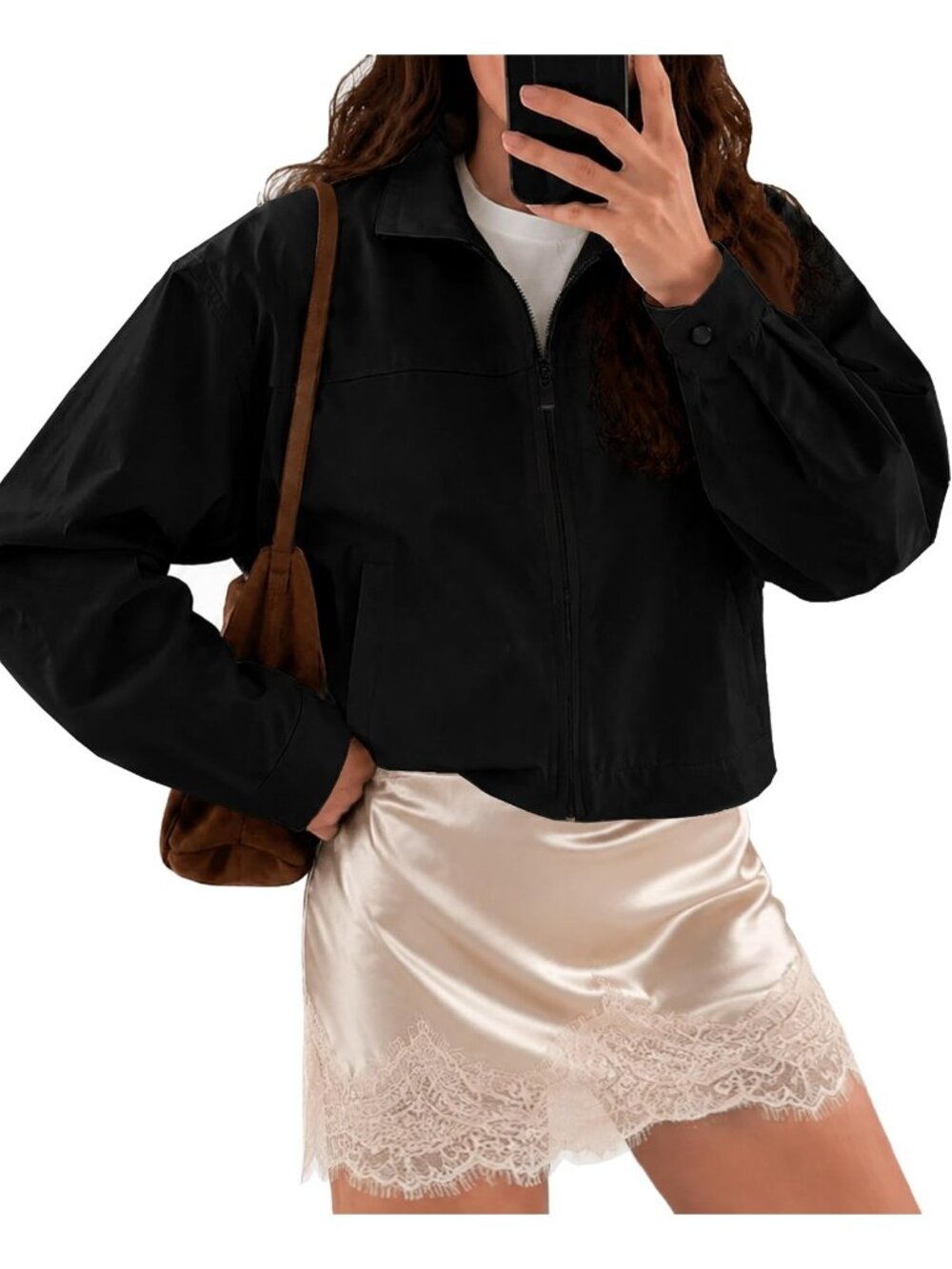 Women Black Polyester Funnel Neck Drawstring Hem Split Sleeve Bomber Jacket